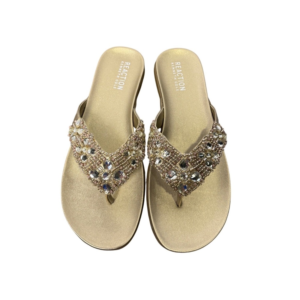 Kenneth Cole Reaction Glam-athon Beaded Thong Sandals Gold Size 6.5 New
